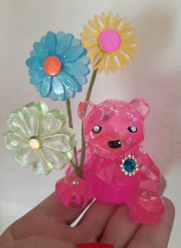 Acrylic, Lucite CRYSTAL Pink Teddy Bear with Flowers