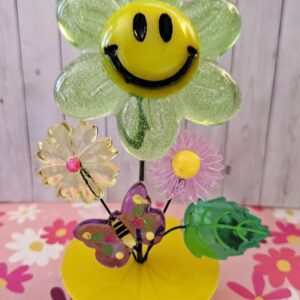 Retro Smiley Face FLOWER in Resin Flowerpot in GREEN