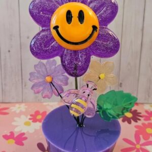 Retro Smiley Face FLOWER in Resin Flowerpot in PURPLE