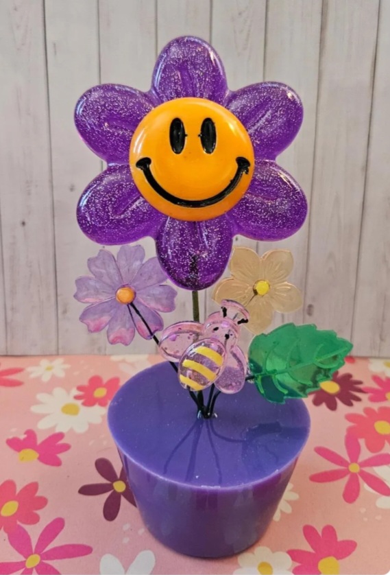 Retro Smiley Face FLOWER in Resin Flowerpot in PURPLE