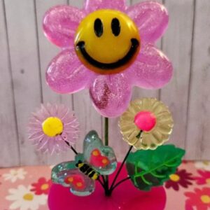 Retro Smiley Face FLOWERS in a Resin Flowerpot in PINK